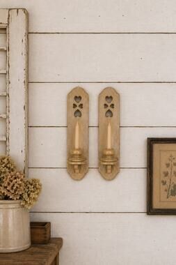 Vintage 1980s Burwood Heart Cutout & Tulip Flower Faux Wood Wall Sconces 15"